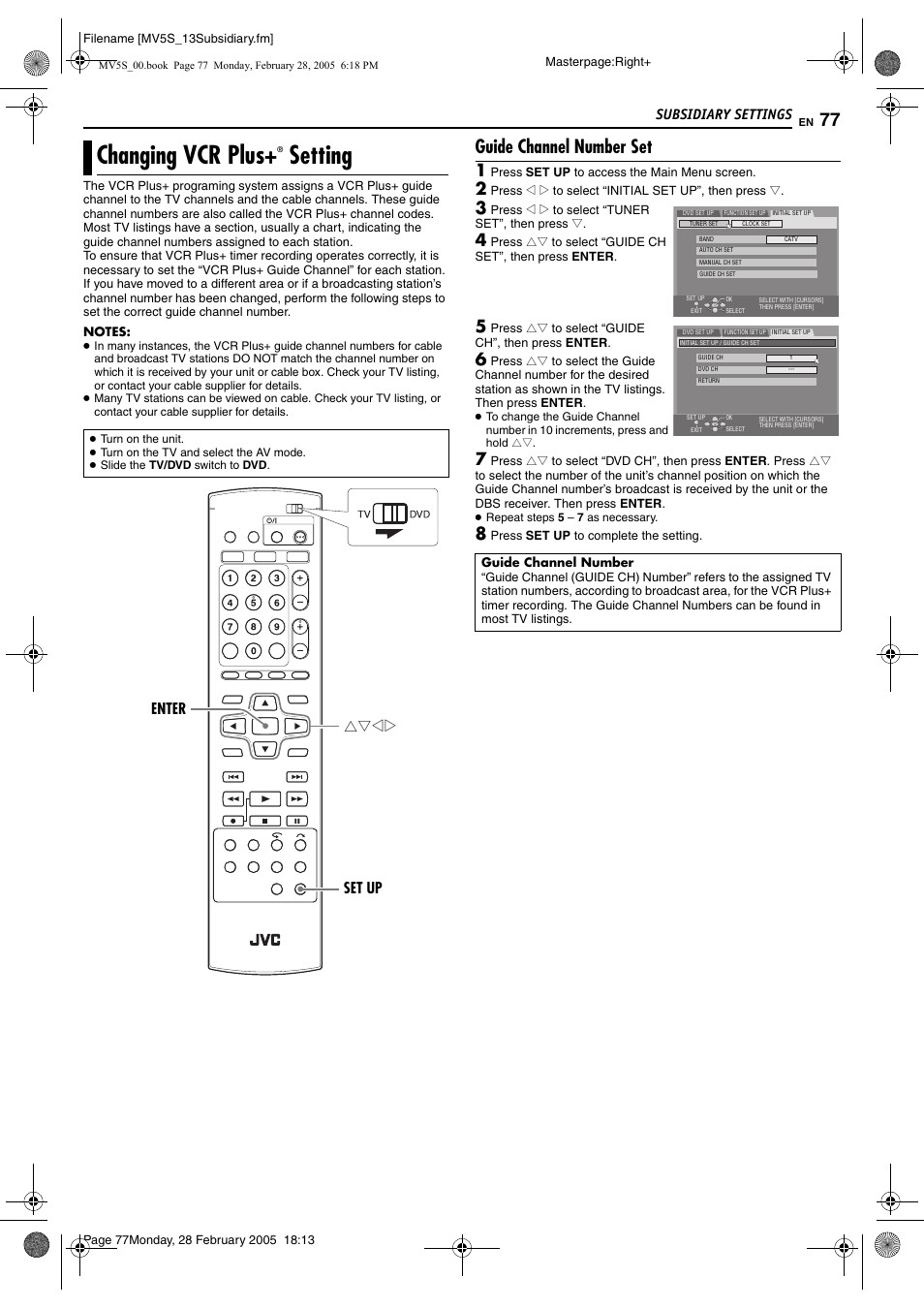 Changing vcr plus+r setting, Pg. 77), Happens, set the correct guide channel numb | E “changing vcr plus, Setting, Changing vcr plus, Guide channel number set, Subsidiary settings, Rtwe enter set up | JVC DR-MV5S User Manual | Page 77 / 88