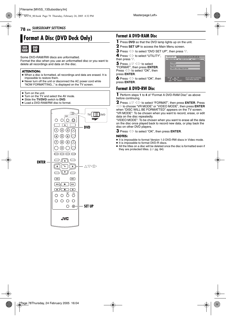 Format a disc (dvd deck only), R (vr), Pg. 9, 7 | Pg. 78), 28), vcr pl, Pg. 78, 79), Format a dvd-ram disc, Format a dvd-rw disc | JVC DR-MV5S User Manual | Page 78 / 88