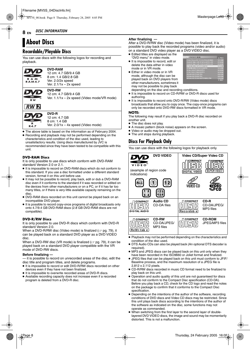 Disc information, About discs, Recordable/playable discs | Discs for playback only | JVC DR-MV5S User Manual | Page 8 / 88