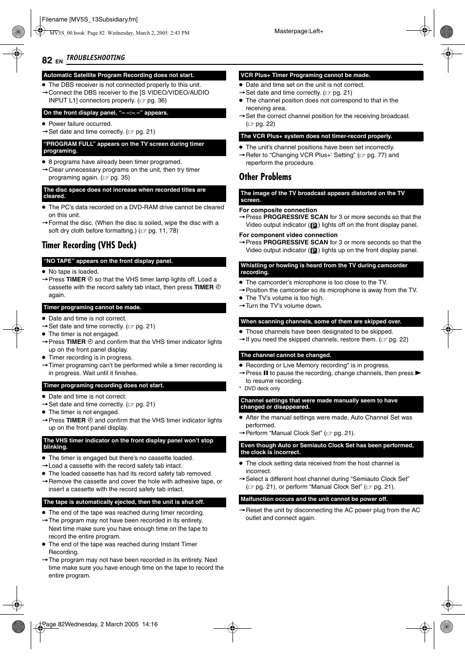 Timer recording (vhs deck), Other problems | JVC DR-MV5S User Manual | Page 82 / 88