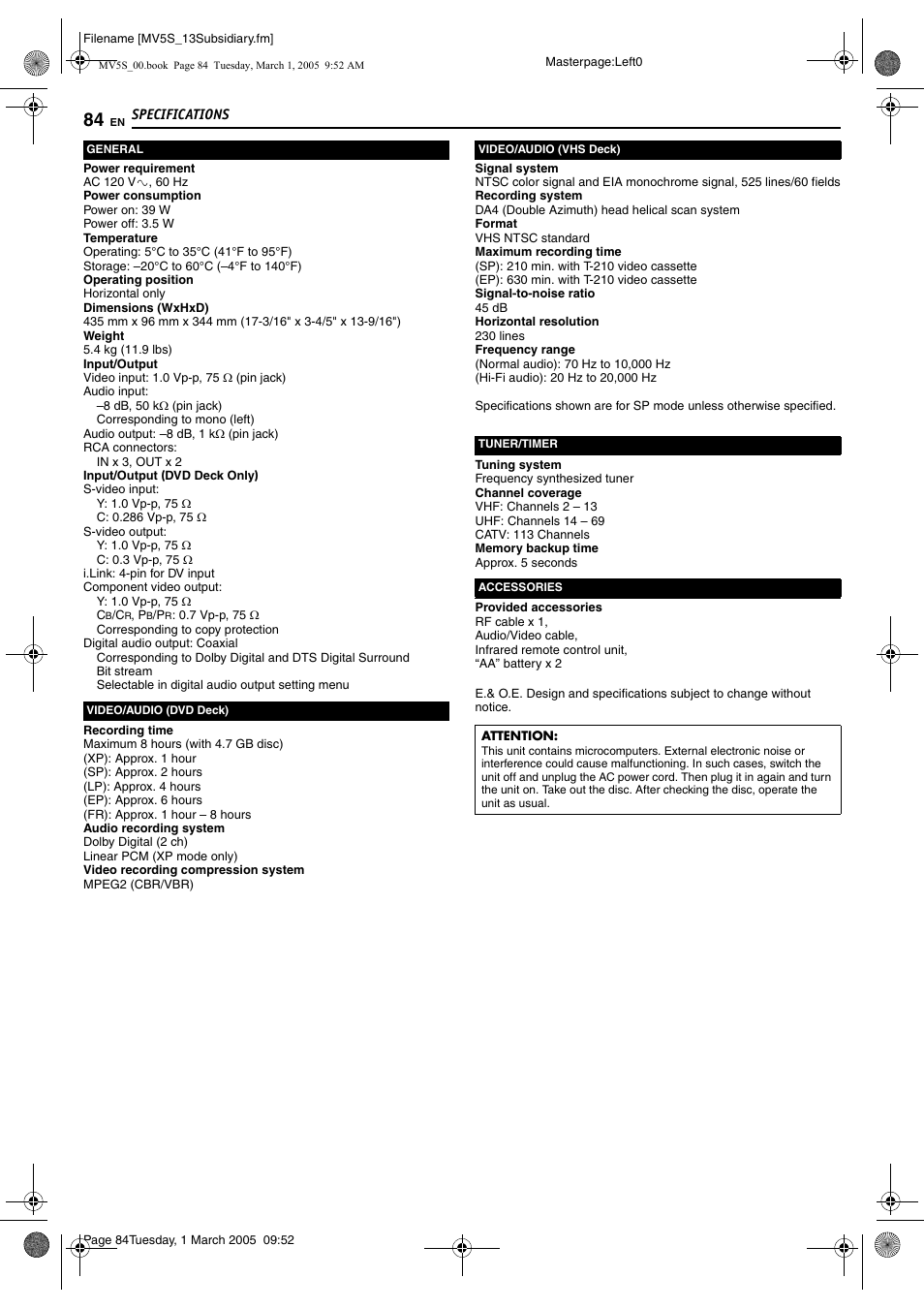 Specifications | JVC DR-MV5S User Manual | Page 84 / 88