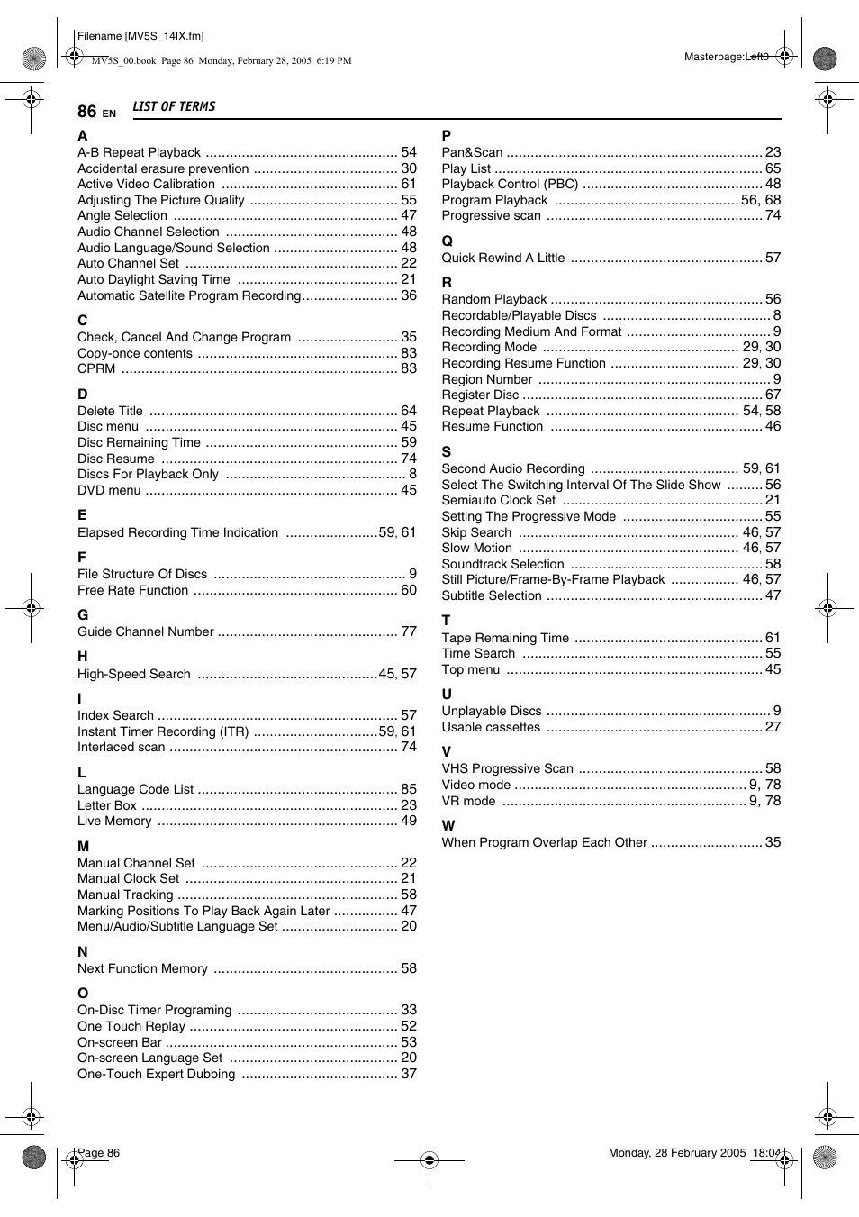 List of terms | JVC DR-MV5S User Manual | Page 86 / 88