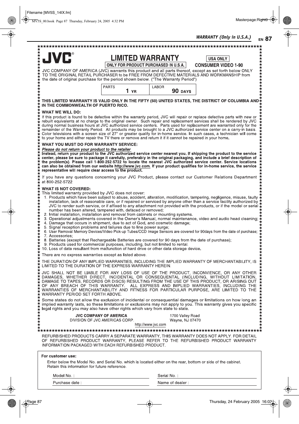 Warranty (only in u.s.a.) | JVC DR-MV5S User Manual | Page 87 / 88