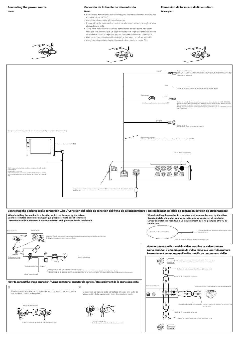 Connecting the power source, Conexión de la fuente de alimentación, Connexion de la source d'alimentation | JVC KV-M65 User Manual | Page 4 / 4
