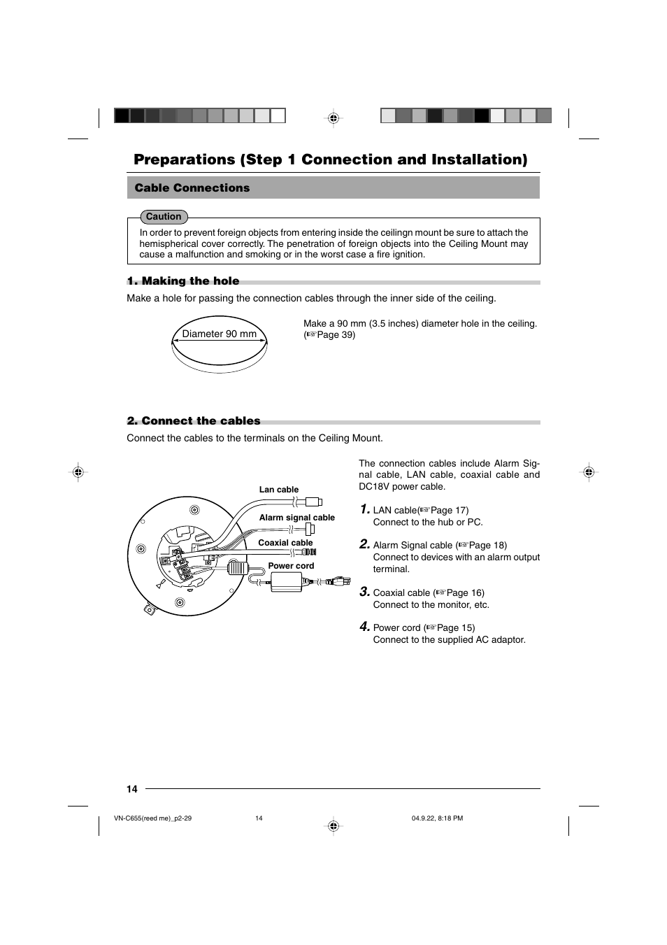 Step 1 connection and installation, Cable connections, Making the hole | Connect the cables, Preparations (step 1 connection and installation) | JVC VN-C655U User Manual | Page 14 / 40