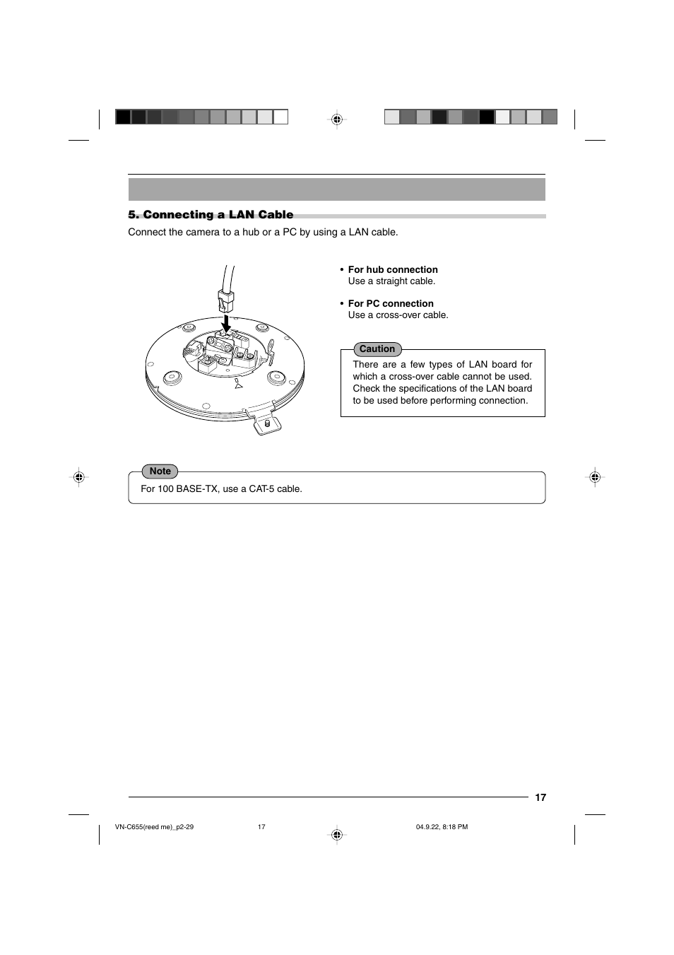 Connecting a lan cable | JVC VN-C655U User Manual | Page 17 / 40