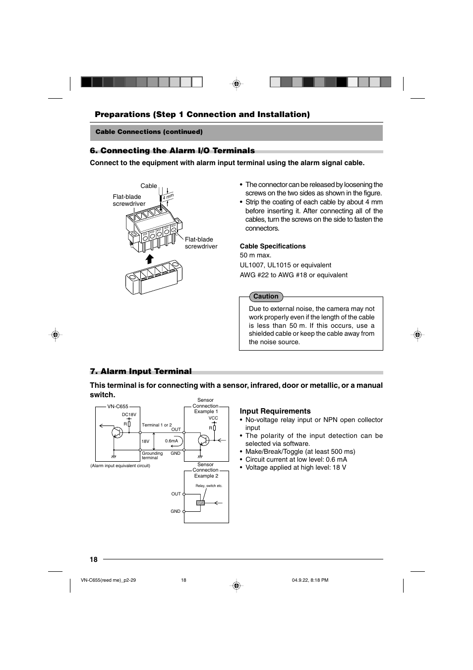 Connecting the alarm i/o terminals, Alarm input terminal, Preparations (step 1 connection and installation) | Input requirements | JVC VN-C655U User Manual | Page 18 / 40