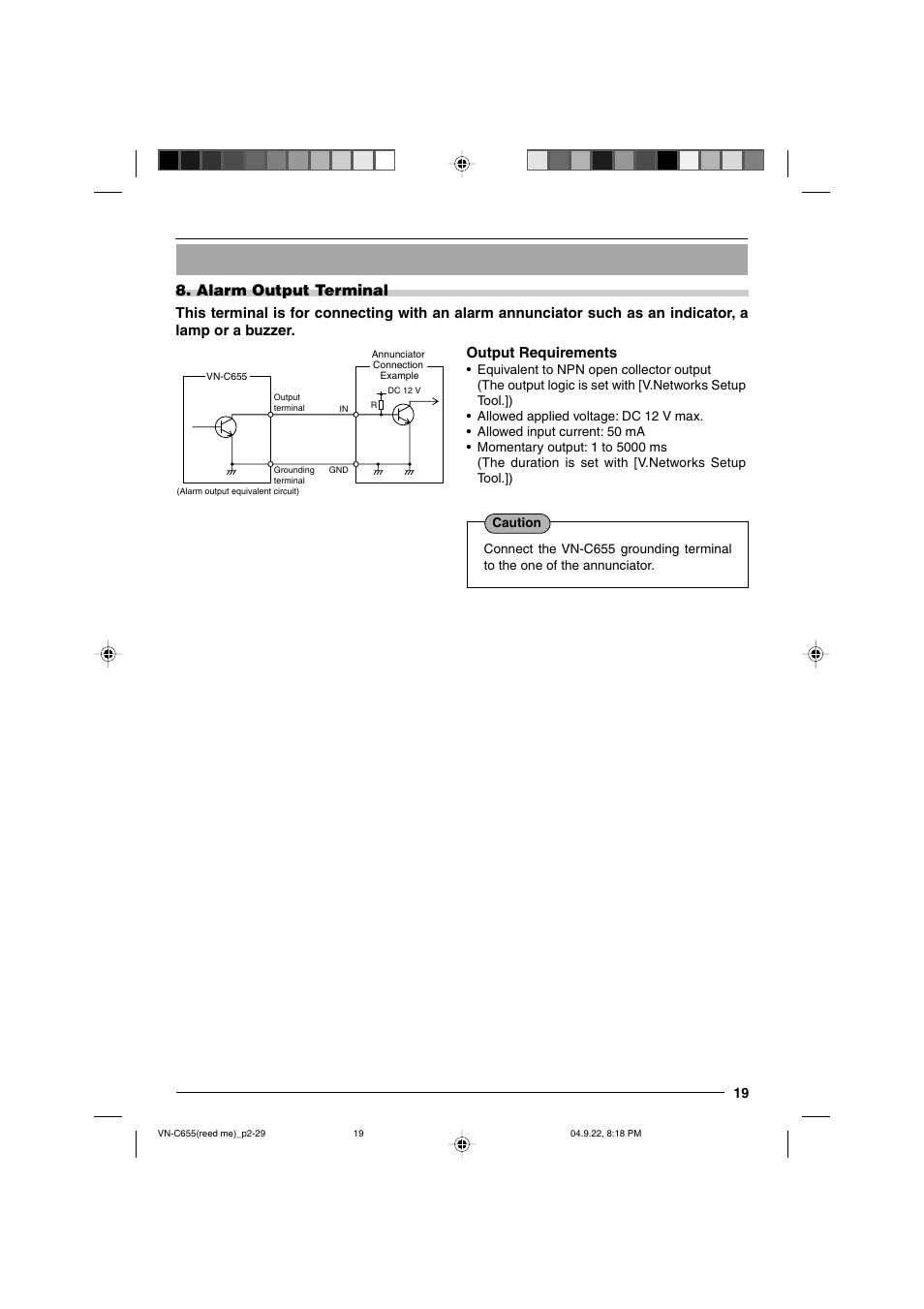 Alarm output terminal, Output requirements | JVC VN-C655U User Manual | Page 19 / 40