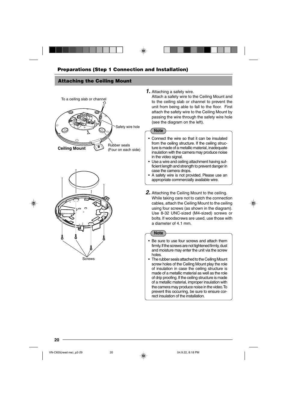 Attaching the ceiling mount | JVC VN-C655U User Manual | Page 20 / 40