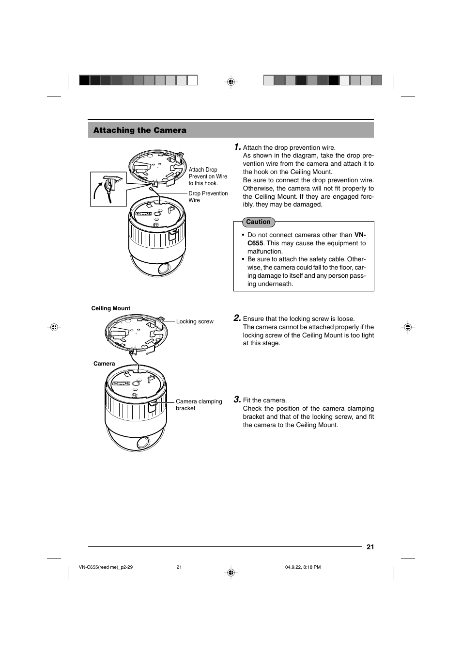 Attaching the camera | JVC VN-C655U User Manual | Page 21 / 40