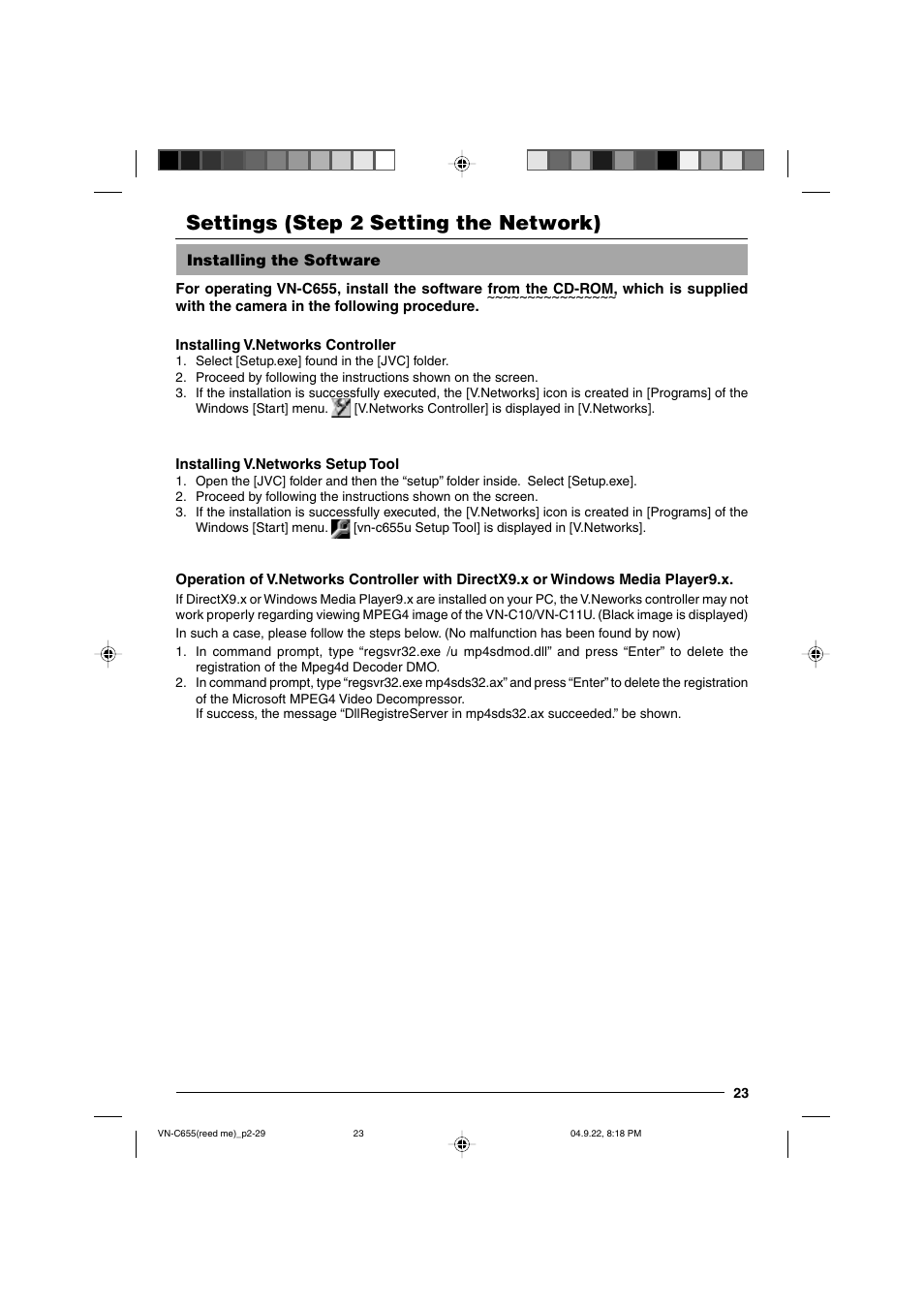 Settings, Step 2 setting the network, Installing the software | Settings (step 2 setting the network) | JVC VN-C655U User Manual | Page 23 / 40