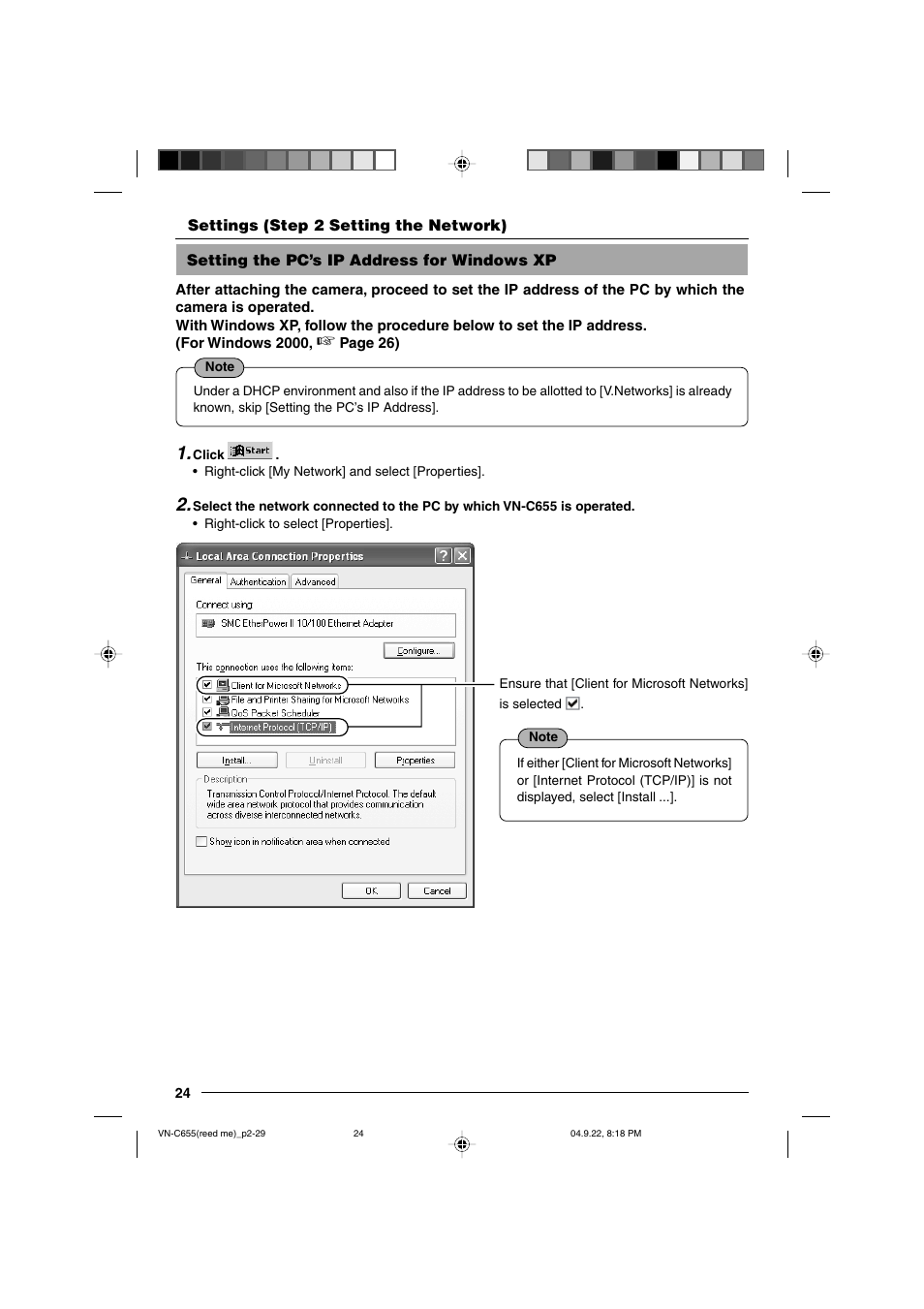 Setting the pc’s ip address for windows xp | JVC VN-C655U User Manual | Page 24 / 40