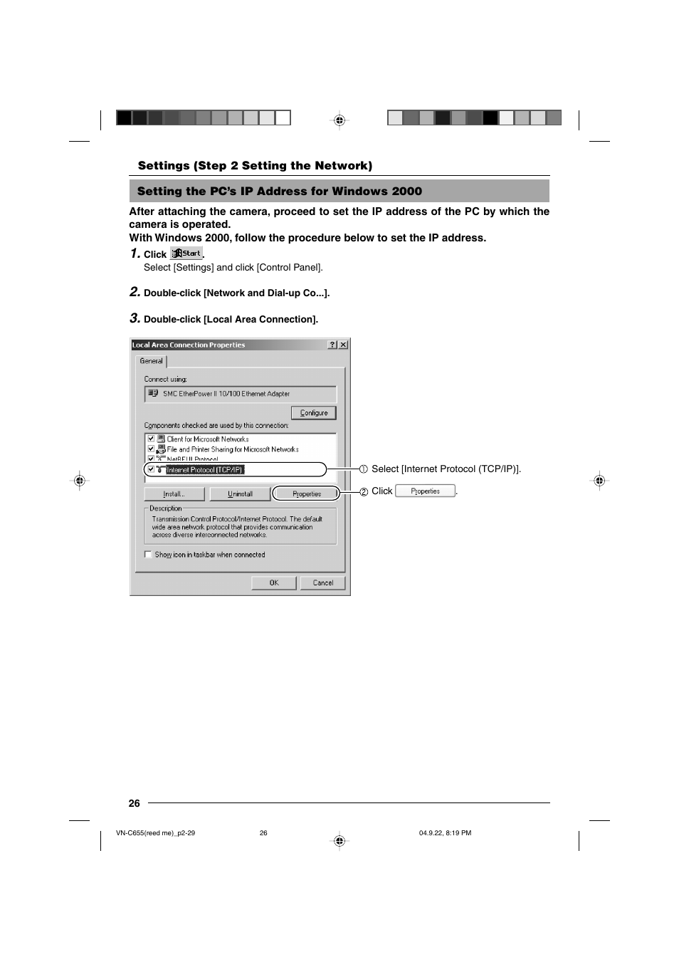 Setting the pc’s ip address for windows 2000 | JVC VN-C655U User Manual | Page 26 / 40