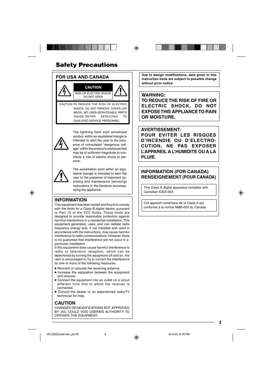 Safety precautions, Information, Caution | For usa and canada | JVC VN-C655U User Manual | Page 3 / 40