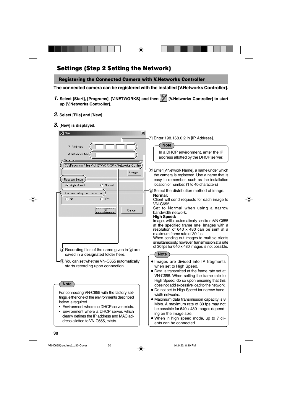 Settings (step 2 setting the network) | JVC VN-C655U User Manual | Page 30 / 40