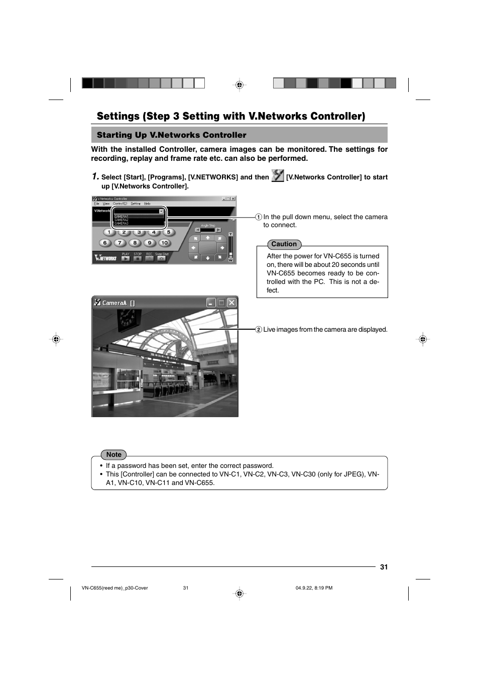 Step 3 setting with v.networks controller, Starting up v.networks controller | JVC VN-C655U User Manual | Page 31 / 40