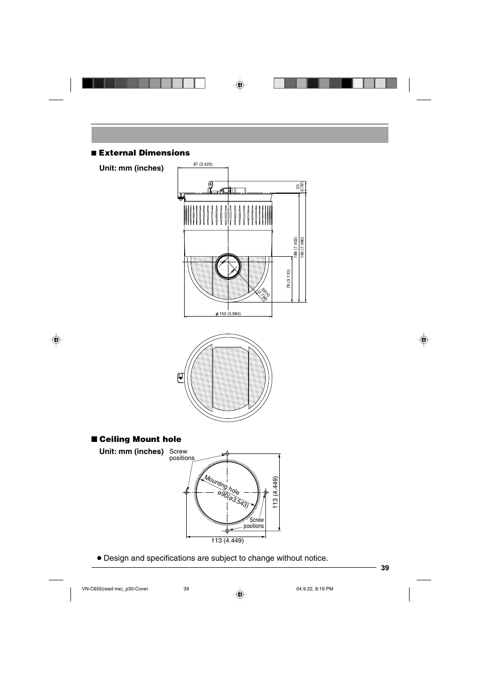 Ceiling mount hole, Unit: mm (inches) | JVC VN-C655U User Manual | Page 39 / 40