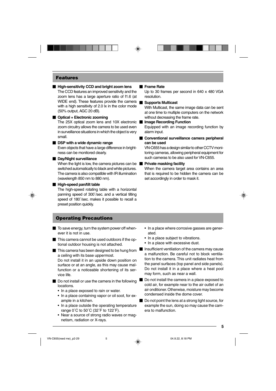 Features, Operating precautions | JVC VN-C655U User Manual | Page 5 / 40