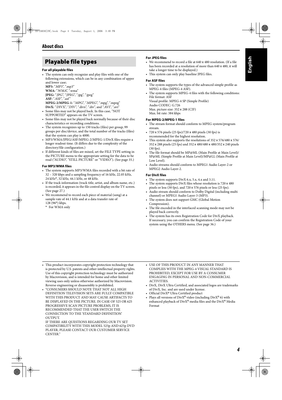 Playable file types, About discs | JVC TH-C90 User Manual | Page 101 / 138