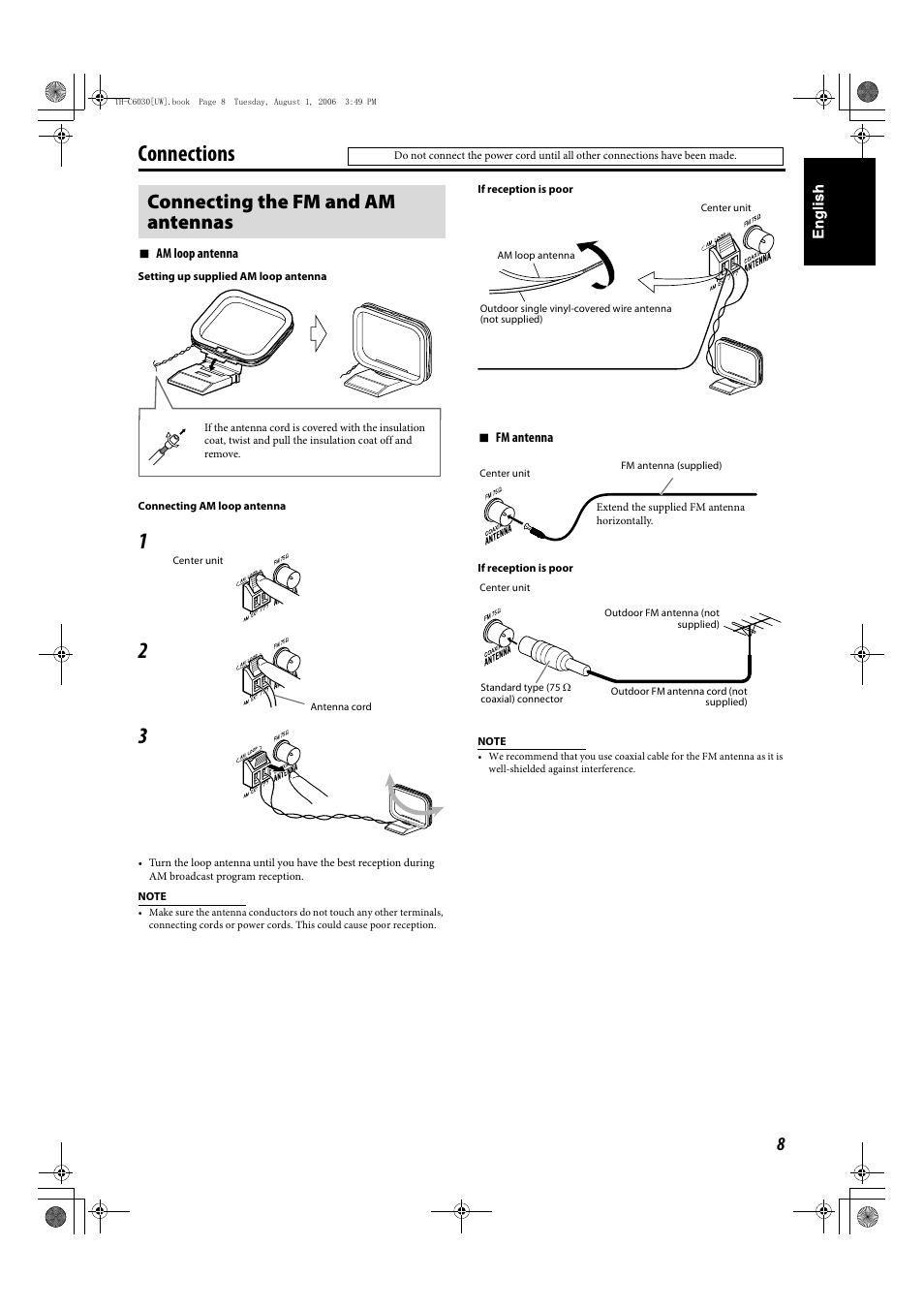 Connections, Connecting the fm and am antennas | JVC TH-C90 User Manual | Page 105 / 138