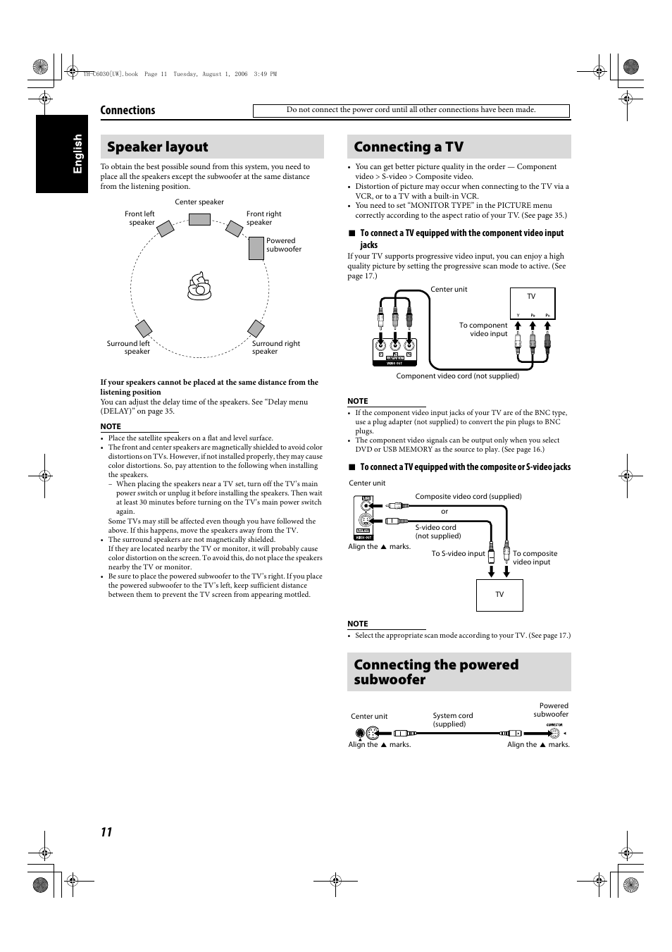 Speaker layout, Connecting a tv connecting the powered subwoofer, Connections | JVC TH-C90 User Manual | Page 108 / 138