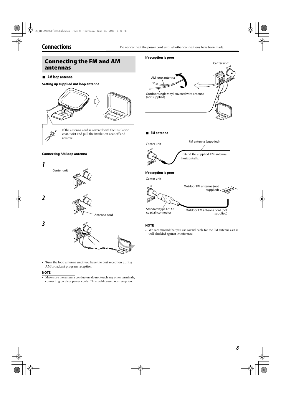 Connections, Connecting the fm and am antennas | JVC TH-C90 User Manual | Page 11 / 138