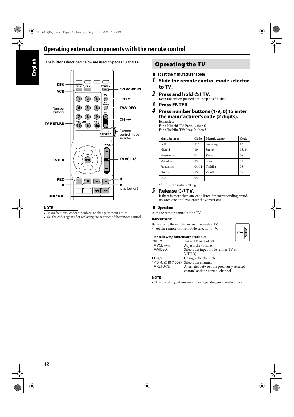 Operating the tv, Slide the remote control mode selector to tv, Press and hold f tv | Press enter, Release f tv | JVC TH-C90 User Manual | Page 110 / 138