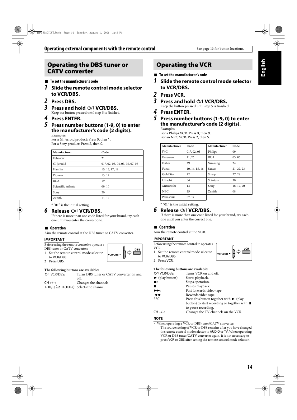 Operating the dbs tuner or catv converter, Operating the vcr, Slide the remote control mode selector to vcr/dbs | Press dbs, Press and hold f vcr/dbs, Press enter, Release f vcr/dbs, Press vcr | JVC TH-C90 User Manual | Page 111 / 138