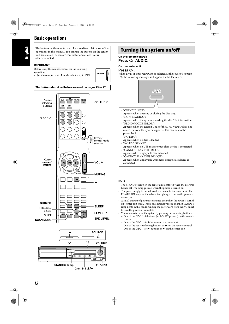 Basic operations, Turning the system on/off, Press f audio | Press f | JVC TH-C90 User Manual | Page 112 / 138