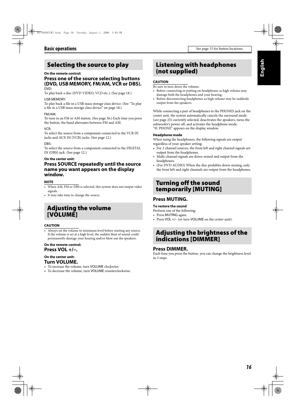 Basic operations, Press vol, Turn volume | Press muting, Press dimmer | JVC TH-C90 User Manual | Page 113 / 138