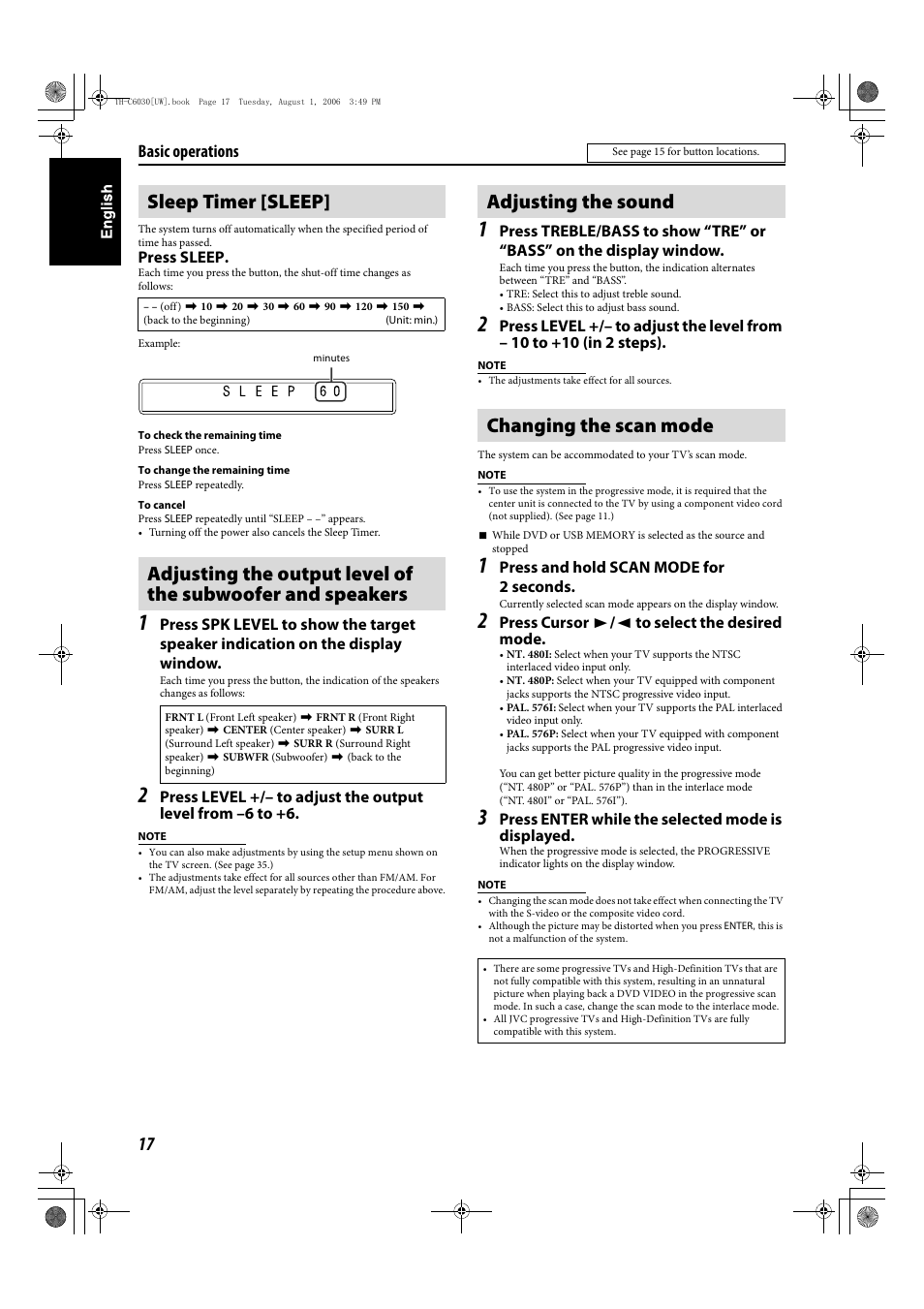 Sleep timer [sleep, Adjusting the sound changing the scan mode, Basic operations | JVC TH-C90 User Manual | Page 114 / 138