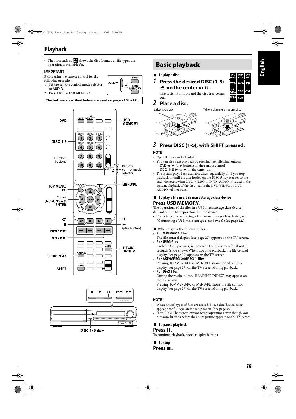 Playback, Basic playback, Press the desired disc (1-5) 0 on the center unit | Place a disc, Press disc (1-5), with shift pressed, Press 8, Press 7 | JVC TH-C90 User Manual | Page 115 / 138