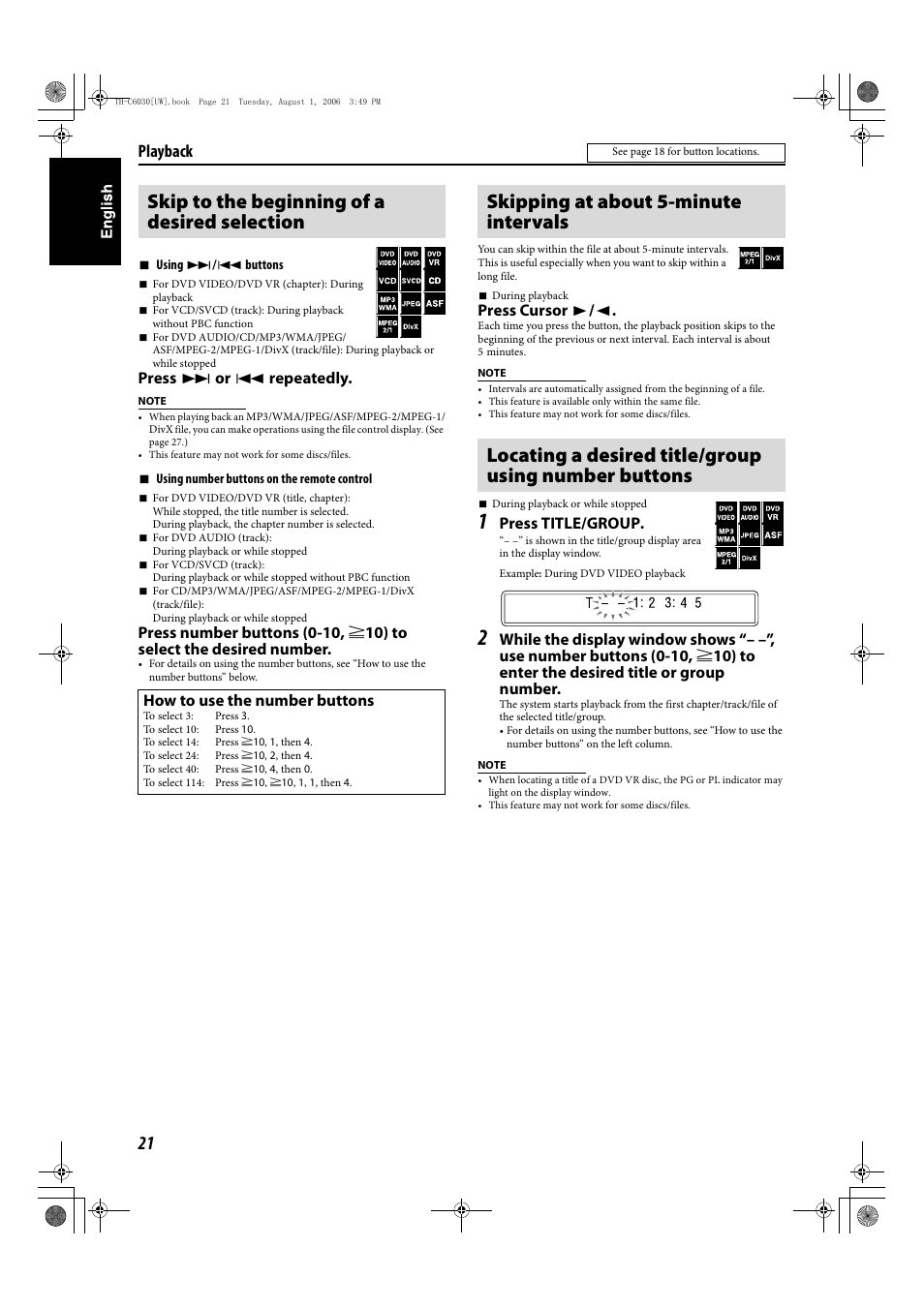 Skip to the beginning of a desired selection, Playback, Press x or 4 repeatedly | Press cursor 3 / 2, Press title/group, How to use the number buttons | JVC TH-C90 User Manual | Page 118 / 138