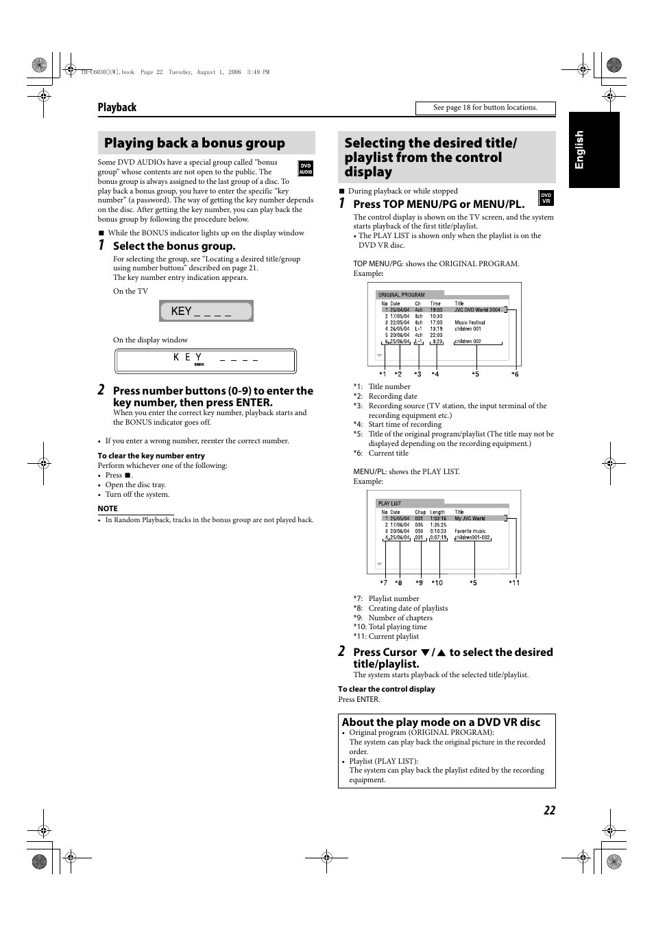 Playback, Select the bonus group, Press top menu/pg or menu/pl | About the play mode on a dvd vr disc | JVC TH-C90 User Manual | Page 119 / 138