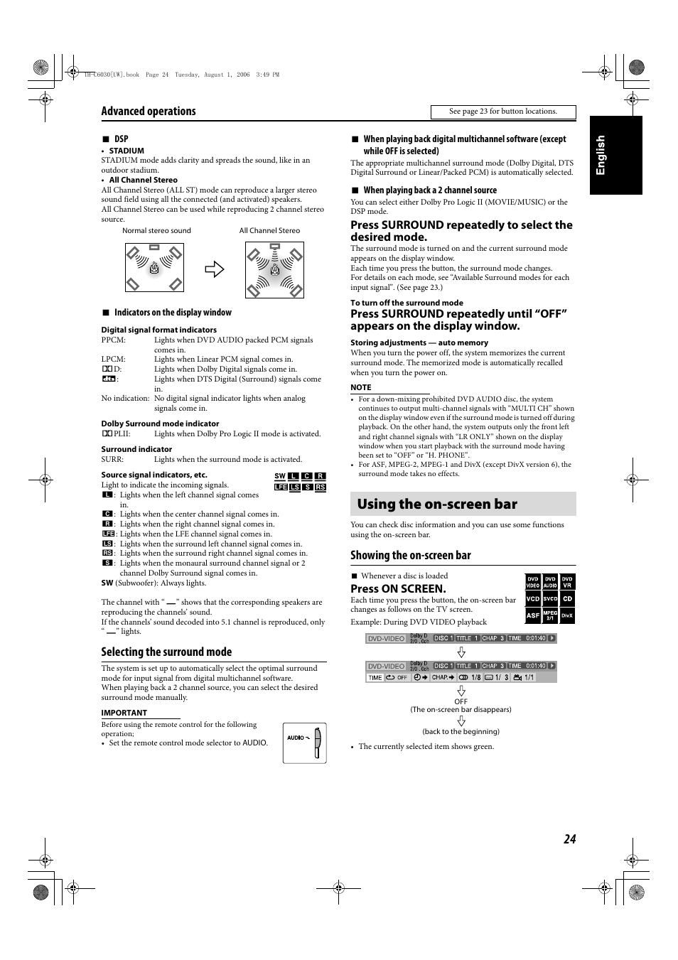 Using the on-screen bar, Selecting the surround mode, Showing the on-screen bar | Advanced operations, Press on screen | JVC TH-C90 User Manual | Page 121 / 138