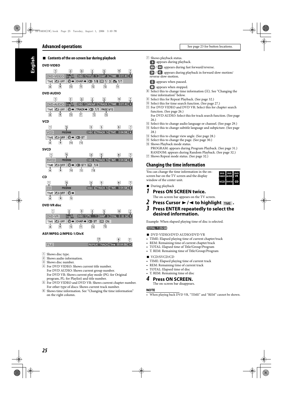 Changing the time information, Advanced operations | JVC TH-C90 User Manual | Page 122 / 138