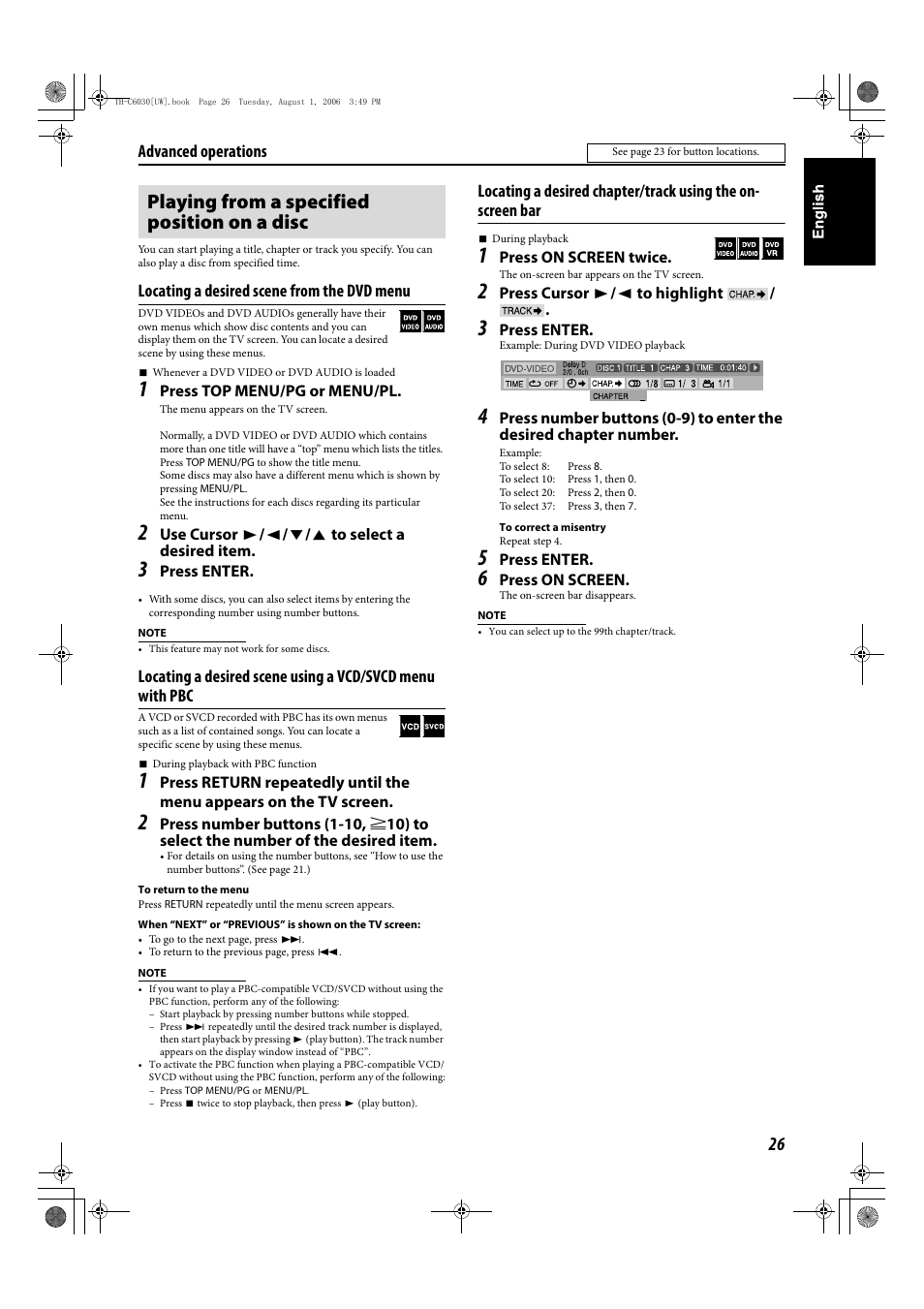 Playing from a specified position on a disc, Locating a desired scene from the dvd menu, Advanced operations | JVC TH-C90 User Manual | Page 123 / 138