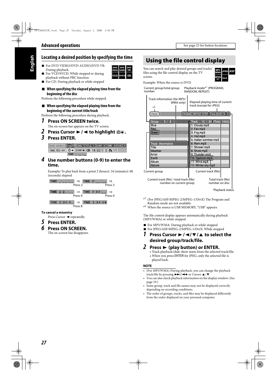 Using the file control display, Locating a desired position by specifying the time, Advanced operations | JVC TH-C90 User Manual | Page 124 / 138