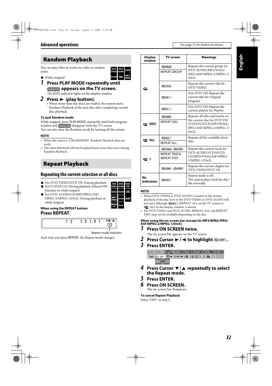 Random playback repeat playback, Repeating the current selection or all discs, Advanced operations | JVC TH-C90 User Manual | Page 129 / 138