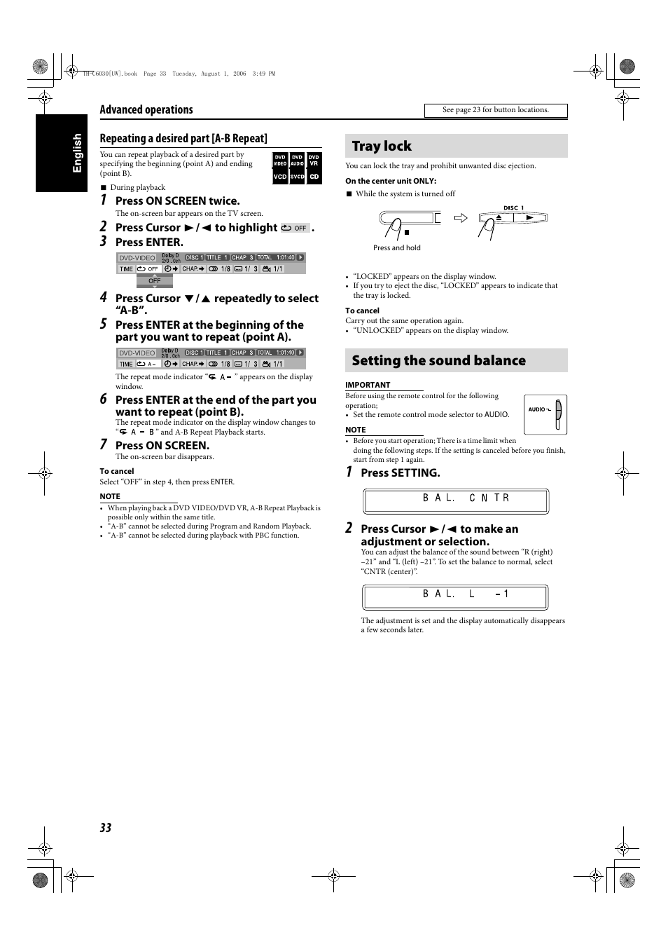 Tray lock setting the sound balance, Repeating a desired part [a-b repeat, Advanced operations | JVC TH-C90 User Manual | Page 130 / 138