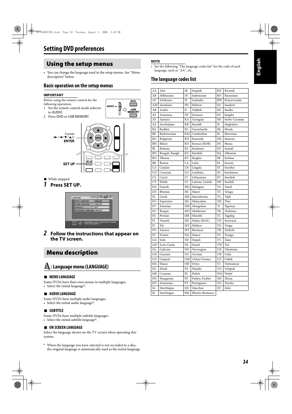 Setting dvd preferences, Using the setup menus menu description, Basic operation on the setup menus | Language menu (language), The language codes list, Press set up, 7 menu language, 7 audio language, 7 subtitle, 7 on screen language | JVC TH-C90 User Manual | Page 131 / 138