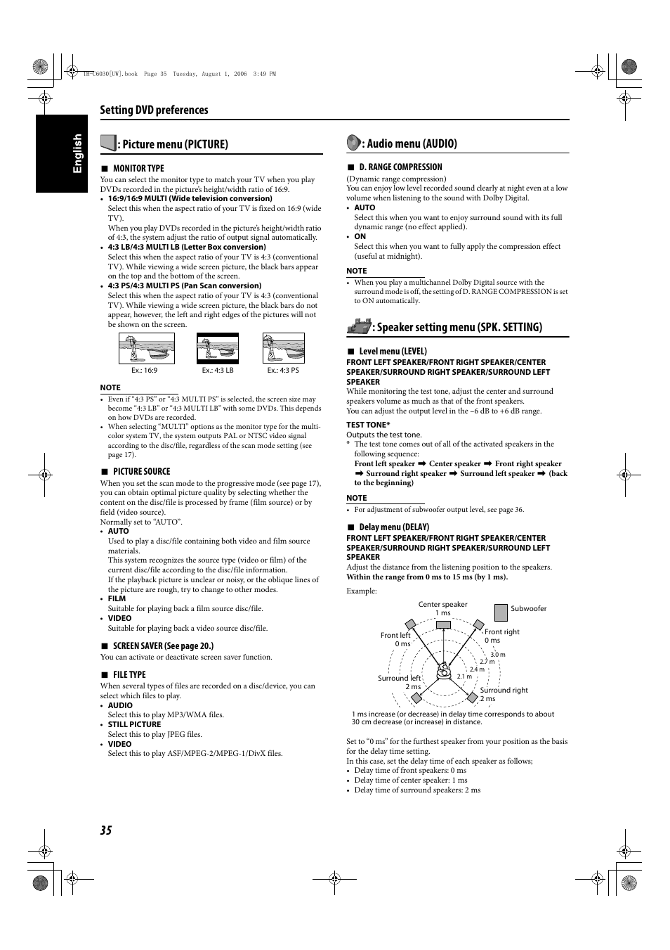 Picture menu (picture), Audio menu (audio), Speaker setting menu (spk. setting) | Setting dvd preferences | JVC TH-C90 User Manual | Page 132 / 138