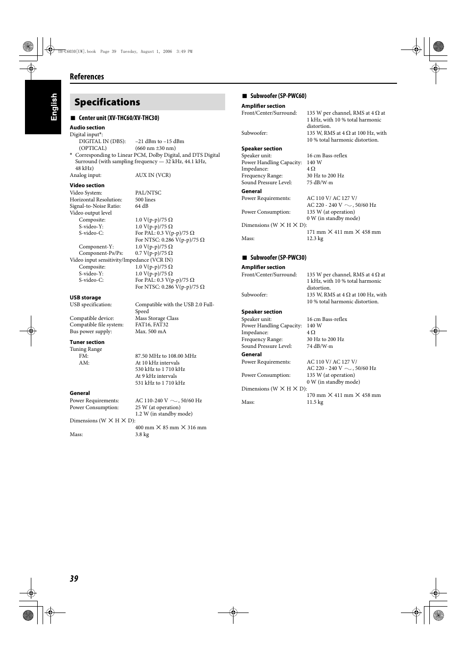 Specifications, References | JVC TH-C90 User Manual | Page 136 / 138