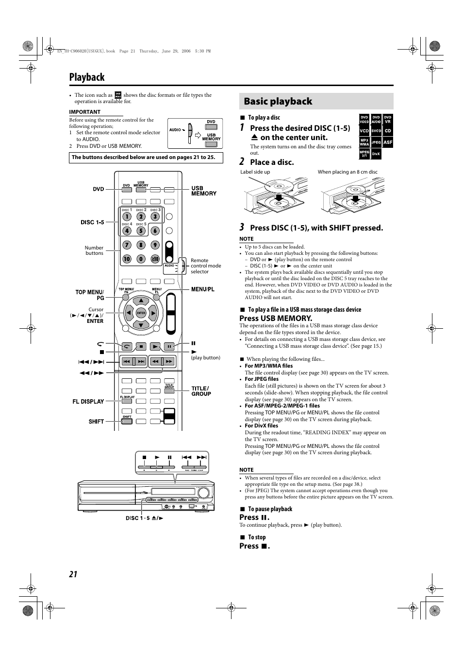 Playback, Basic playback, Press the desired disc (1-5) 0 on the center unit | Place a disc, Press disc (1-5), with shift pressed, Press 8, Press 7 | JVC TH-C90 User Manual | Page 24 / 138