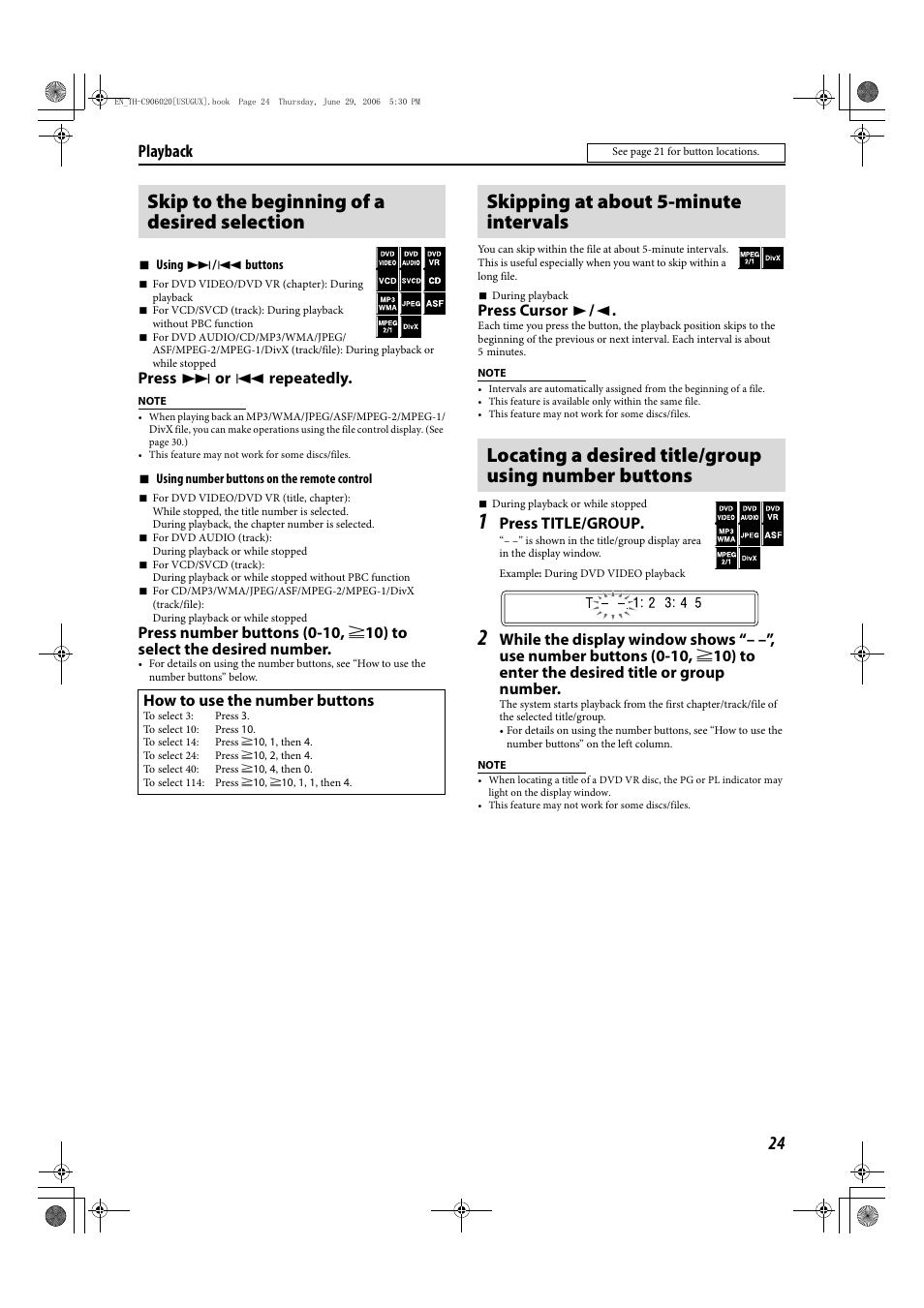 Skip to the beginning of a desired selection, Playback, Press x or 4 repeatedly | Press cursor 3 / 2, Press title/group, How to use the number buttons | JVC TH-C90 User Manual | Page 27 / 138