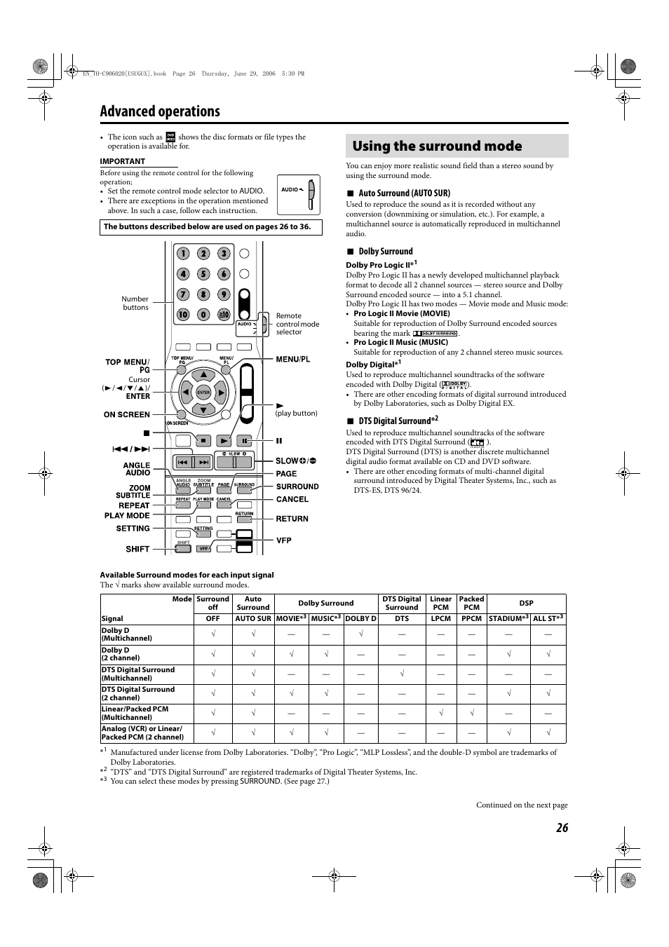 Advanced operations, Using the surround mode, 7 auto surround (auto sur) | 7 dolby surround, 7 dts digital surround | JVC TH-C90 User Manual | Page 29 / 138