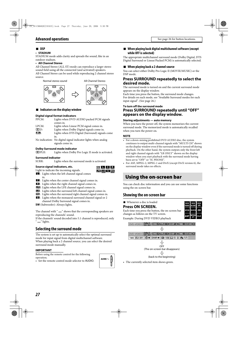 Using the on-screen bar, Selecting the surround mode, Showing the on-screen bar | Advanced operations, Press on screen | JVC TH-C90 User Manual | Page 30 / 138