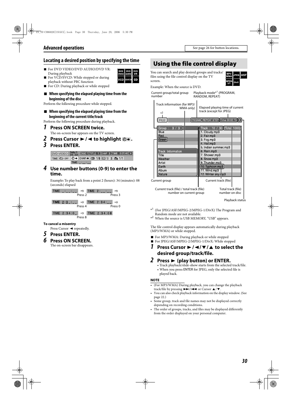 Using the file control display, Locating a desired position by specifying the time, Advanced operations | JVC TH-C90 User Manual | Page 33 / 138