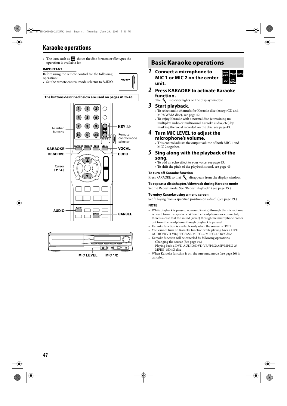 Karaoke operations, Basic karaoke operations | JVC TH-C90 User Manual | Page 44 / 138