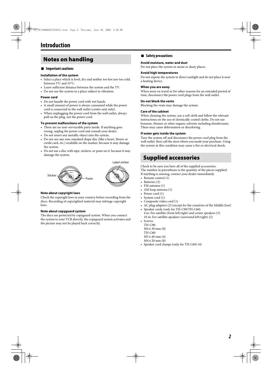 Introduction, Supplied accessories | JVC TH-C90 User Manual | Page 5 / 138